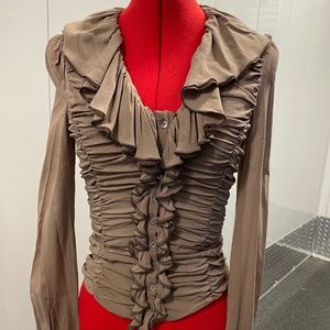 Women's Just Cavalli Stretchy Button-Down Ruffled Long-Sleeved Dress Shirt